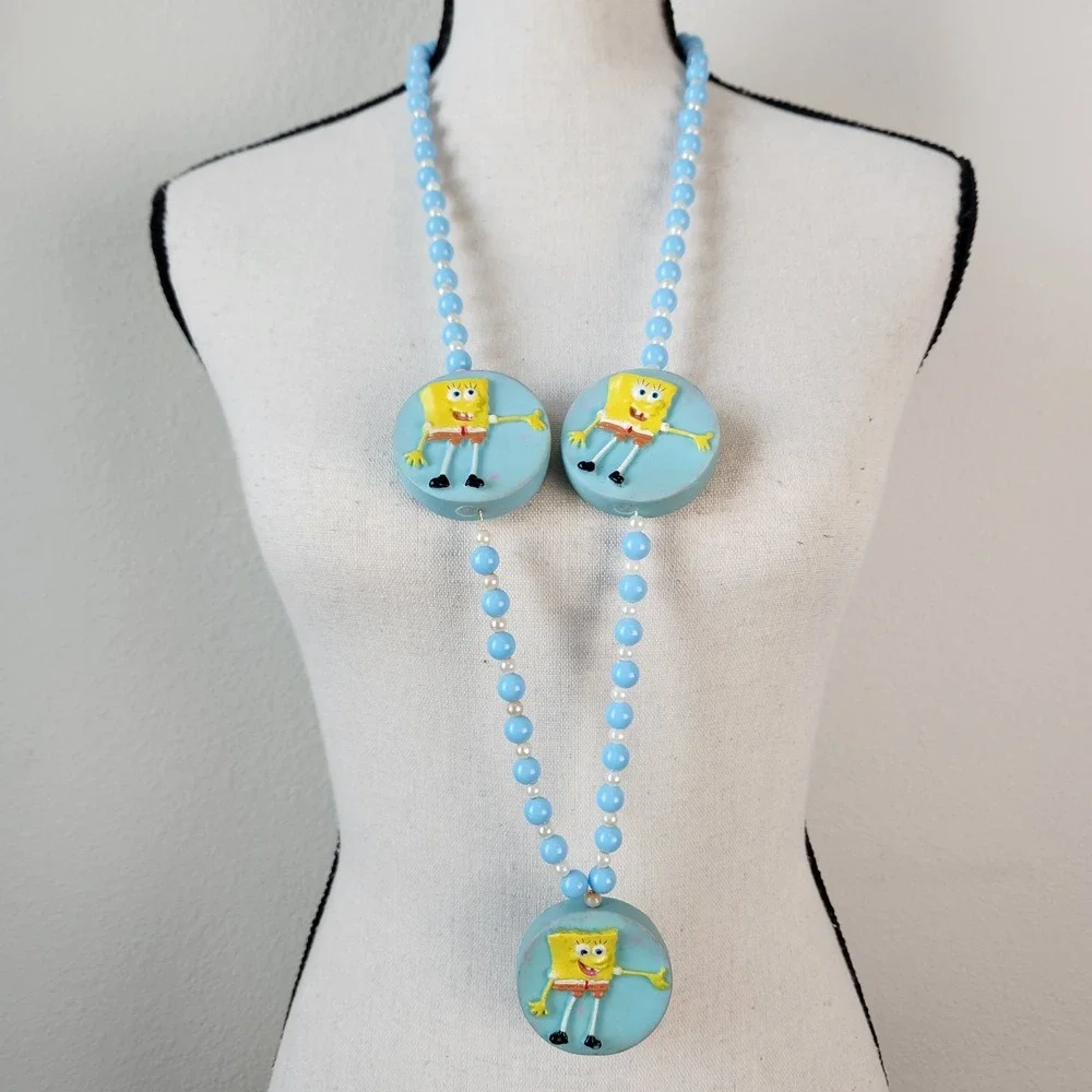Vintage Y2k SpongeBob Square Pants Yellow Blue White Mardi Gras‎ Beads Necklace